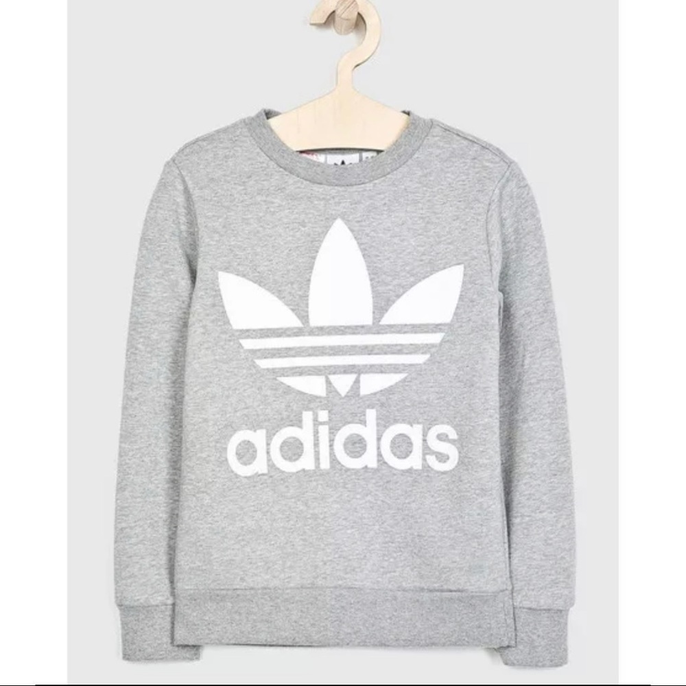 Adidas Originals Boys Sz M Gray White Big Trefoil Logo Crew Neck Sweatshirt